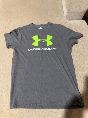 Under Armour Men's Charcoal Short Sleeve Tee with Neon Green Logo